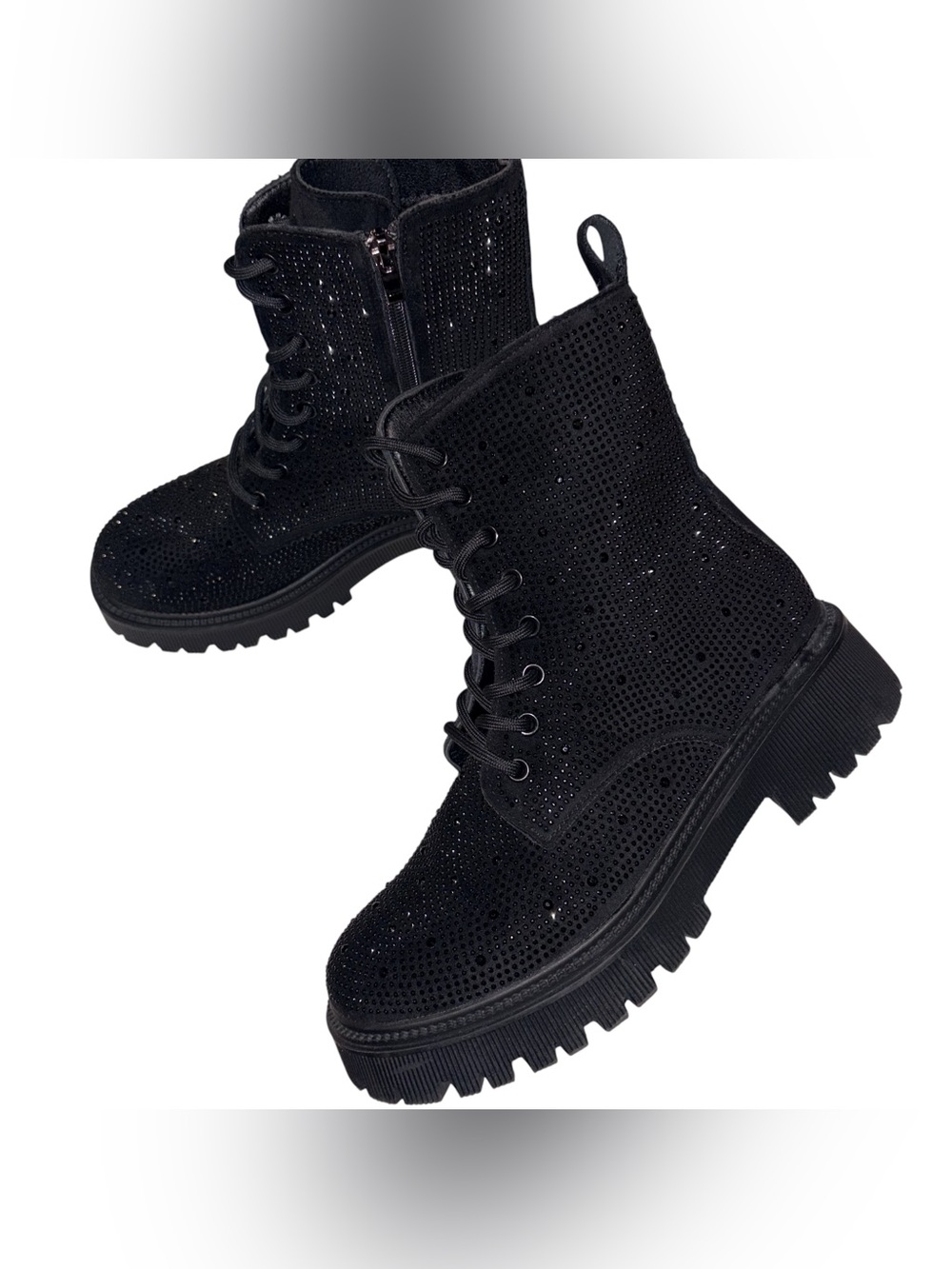 Black Rhinestone Lace-Up Combat Boots with Side Zipper
